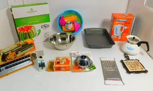 lot 34 image: Melon Slicer-Recipe Converter-17 Pc. Camping Set-Stainless Steel Bowl-Diet Scale-Vegetable Steamer-Grater-Coffee Pitcher
