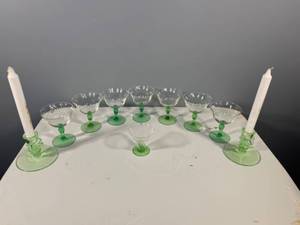 lot 16 image: Set of 8 Green Glass Dessert Cups with 2 Candle Holders