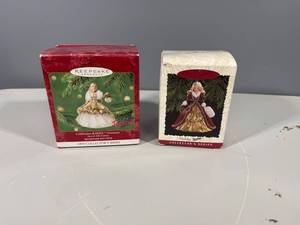 lot 28 image: Lot of 2 Hallmark Keepsake Barbie Ornaments - Celebration Barbie 2000 and Holiday Barbie 1996
