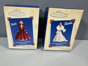lot 29 image: Lot of 2 Hallmark Keepsake Celebration Barbie Ornaments 2002 & 2003 Editions