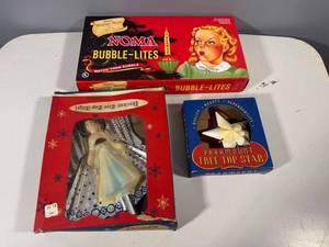 lot 39 image: Lot of Vintage Christmas Tree Decorations - Star, Angel, and Bubble Lights