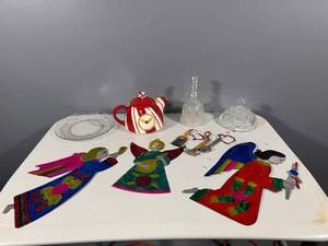 lot 65 image: Collection of Holiday Decor Including Teapot, Crystal Cloche, and Decorative Angels