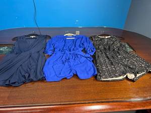 lot 87 image: Set of 3 Womens Rompers (Size M)- Navy Blue, Royal Blue, and Black Lace