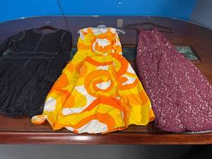lot 88 image: Lot of 3 Womens Dresses - Black Lace, Colorful Summer Dress, Burgundy Lace