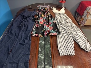 lot 89 image: Lot of 3 Womens Jumpsuits - Denim, Floral and Striped Patterns - Size Medium