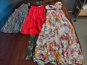 lot 90 image: Set of 3 Dresses BCBGMAXAZRIA Colorful Maxi, Liz Claiborne Red Dress, and Merona Dress