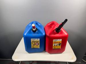 lot 109 image: Set of 2 5-Gallon Gasoline and Kerosene Containers with Safety Nozzles