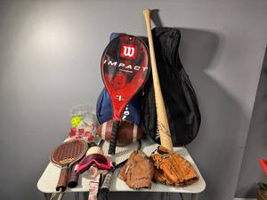 lot 115 image: Mixed Lot of Sports Equipment including Gloves, Rackets, and Protective Gear