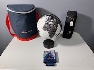 lot 114 image: Lot of 4 Items Disney Cruise Line Insulated Bag, Mini Globe, Wine Bottle Holder, and Euforia Can Cooler Title