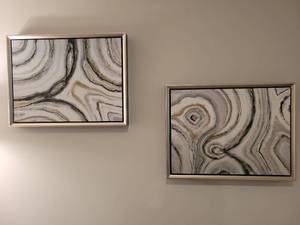 lot 63 image: A Pair of Liz Jardine Wall Art. 26 x 20 x 2 14 each. Sliced Agates.