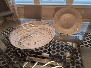 lot 35 image: Decorative Bowl and Plate. Gray Swirl Glass Bowl 19 diameter x 4 . Silvered back Plate 13 in diameter.