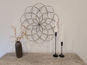 lot 42 image: A 3-Pc ensemble Dorrin Wall Decor, Crate & Barrel Candlesticks. Metal Vase wmetal glass branch leaves.