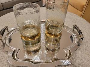lot 8 image: Hammered Tray and a pair of decorative Vases.