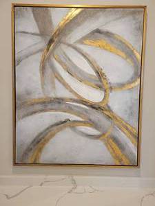 lot 26 image: Modern Acrylic Painting Gold Swirl Strokes Pearl White Background. 51 x 41.