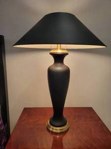 lot 74 image: A Classic and Elegant Pair of Black Glass & Frosted Finish Table Lamps by Frederick Cooper For Tyndale