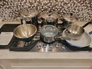 lot 99 image: Kitchen Pots and Pans Essentials. Revere, Oneida, Faberware, T-Fal. Chefs Design Griddle.