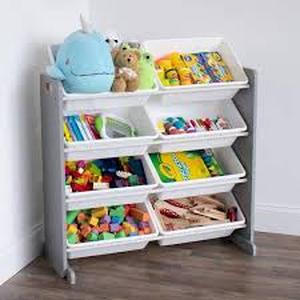 Humble Crew Grey 31 in. H Engineered Wood Kids Toy Storage Organizer with 8 Large Plastic Storage Bins  Customer Returns See Pictures