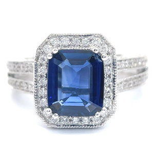 3.11 Carat Sapphire & Natural Diamond Halo Split Shank Milgrain Ring in 18k White Gold $32,590 Appraisal Included VIDEO
