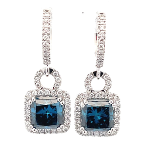2.55 Carat Fancy Blue Diamond & White Diamond Halo Dangle Huggie Earrings in 14k White Gold $3,745 Retail Tag