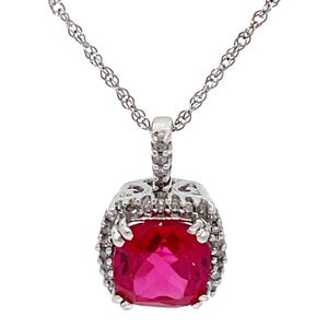 Cushion Created Ruby & Natural Pav�Diamond Halo Pendant in White Gold
