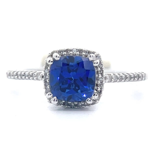 Cushion Created Blue Sapphire & Natural Pav�Diamond Cathedral Ring in White Gold VIDEO