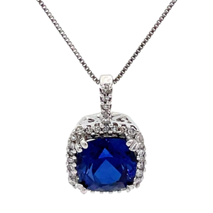 Cushion Created Blue Sapphire & Natural Pav�Diamond Halo Pendant in White Gold