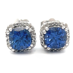 Cushion Created Blue Sapphire & Natural Pav Diamond Basket Stud Earrings in White Gold