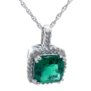 Cushion Created Emerald & Natural Pav�Diamond Drop Basket Pendant Necklace in White Gold