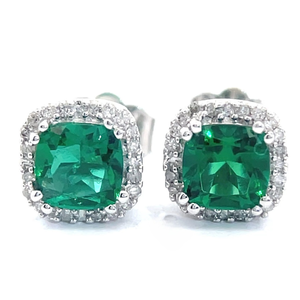 Cushion Created Emerald & Natural Pav�Diamond Cathedral Ring in White Gold