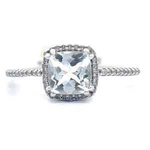 Cushion Natural Aquamarine & Natural Diamond Halo Basket Cathedral Ring in White Gold VIDEO