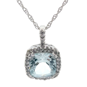 Cushion Natural Aquamarine & Natural Diamond Pendant 18 Necklace in White Gold
