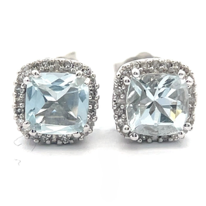 Cushion Natural Aquamarine & Natural Diamond Halo Stud Earrings in White Gold