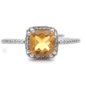 Cushion Natural Citrine & Natural Diamond Basket Cathedral Ring in White Gold VIDEO