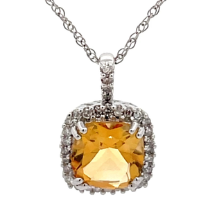 Cushion Citrine & Halo Natural Diamond Pendant Necklace in White Gold