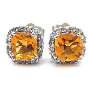 Cushion Natural Citrine & Halo Natural Diamond Basket Earrings in White Gold