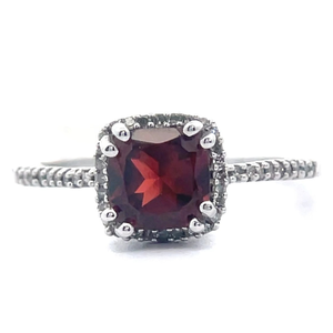 Cushion Natural Garnet & Natural Diamond Halo Basket Ring in White Gold VIDEO