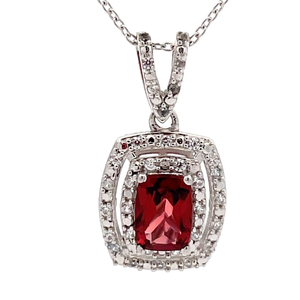Rectangular Cut Natural Garnet & White Zircon Double Halo Pendant Necklace