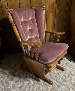 lot 25 image: Vintage Wooden Glider Chair with Upholstered Seating