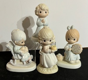 lot 86 image: Four Vintage Precious Moment Figurines including Precious Moments Take it to The Lord Figurine, Purrfect Grandma & More