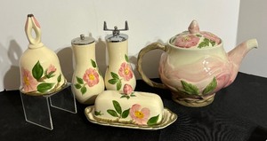 lot 90 image: Vintage Franciscan Desert Rose Teapot, Salt  Pepper Shakers, Covered Butter Dish, Bell and More