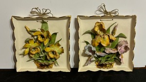 lot 91 image: Pair of Vintage Hand Crafted Decorative 3D Floral Design Wall Hangings by Lu Dablow