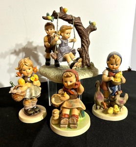 lot 105 image: Four Vintage Collectable Hummel Figurines including Hummel Figurine Just a Swing, Hummel Figurine Little Visitor and More