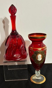lot 115 image: Vintage Italian Art Glass Raised Cameo and Gold Gilt Vase and Vintage Ruby Red Glass Bell