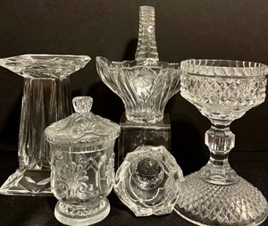 lot 67 image: Beautiful Vintage Crystal Lot with Covered Candy Dish, 2 Large Candle Holders, Basket and Small Votive Candle Holders with Rose Pattern