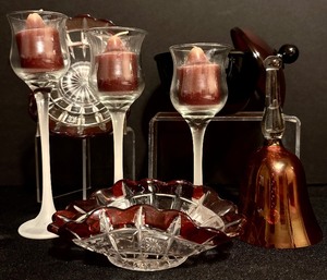 lot 69 image: Two Vintage Ruby Glass Serving Bowls, Frosted Glass Candle Holders and More