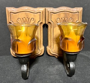 lot 162 image: Pair of Vintage Homco Wall Sconces with Amber Glass Candle Holders and Black Wrought Iron Accents