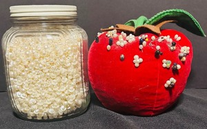 lot 154 image: Tomato Shaped Pin Cushion with a Jar of Pearl Buttons