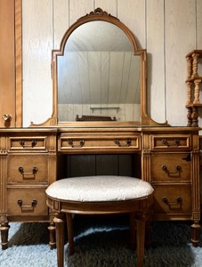 lot 349 image: Wooden Vanity and Mirror With 7 Drawers including a Stool by Davidson Boutique
