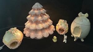 lot 336 image: Beautiful Light Up Pink Easter Tree, Sugar Egg Scenes and More