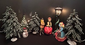lot 338 image: Holiday Faux Pine Trees with Carolers, Snowman and Street Light